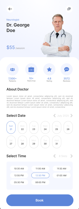 Shifaa doctor profile with date and time slot booking