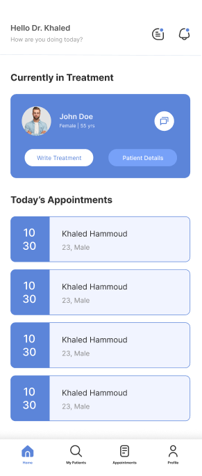Shifaa doctor home with the current patient and today's appointments