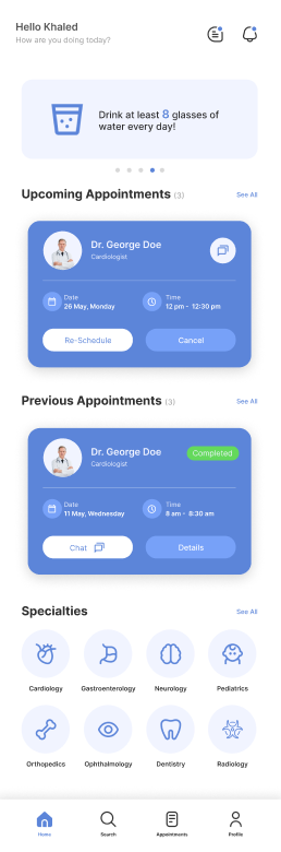 Shifaa patient home with upcoming appointments and specialties