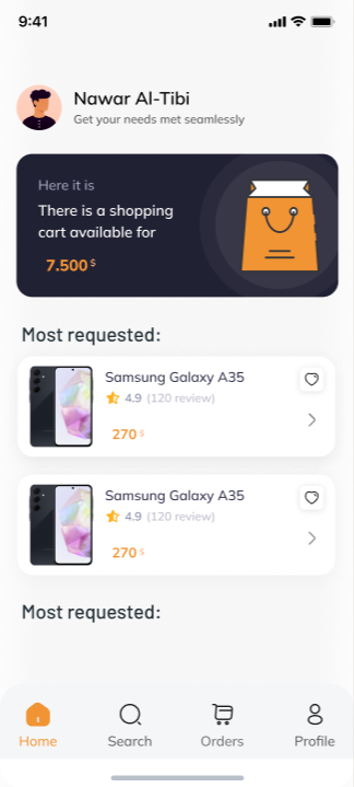 SoldOut customer home with the active cart and most requested products