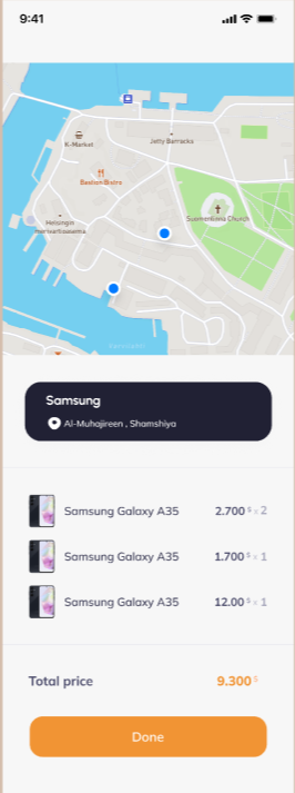 SoldOut driver map with the delivery route and order items